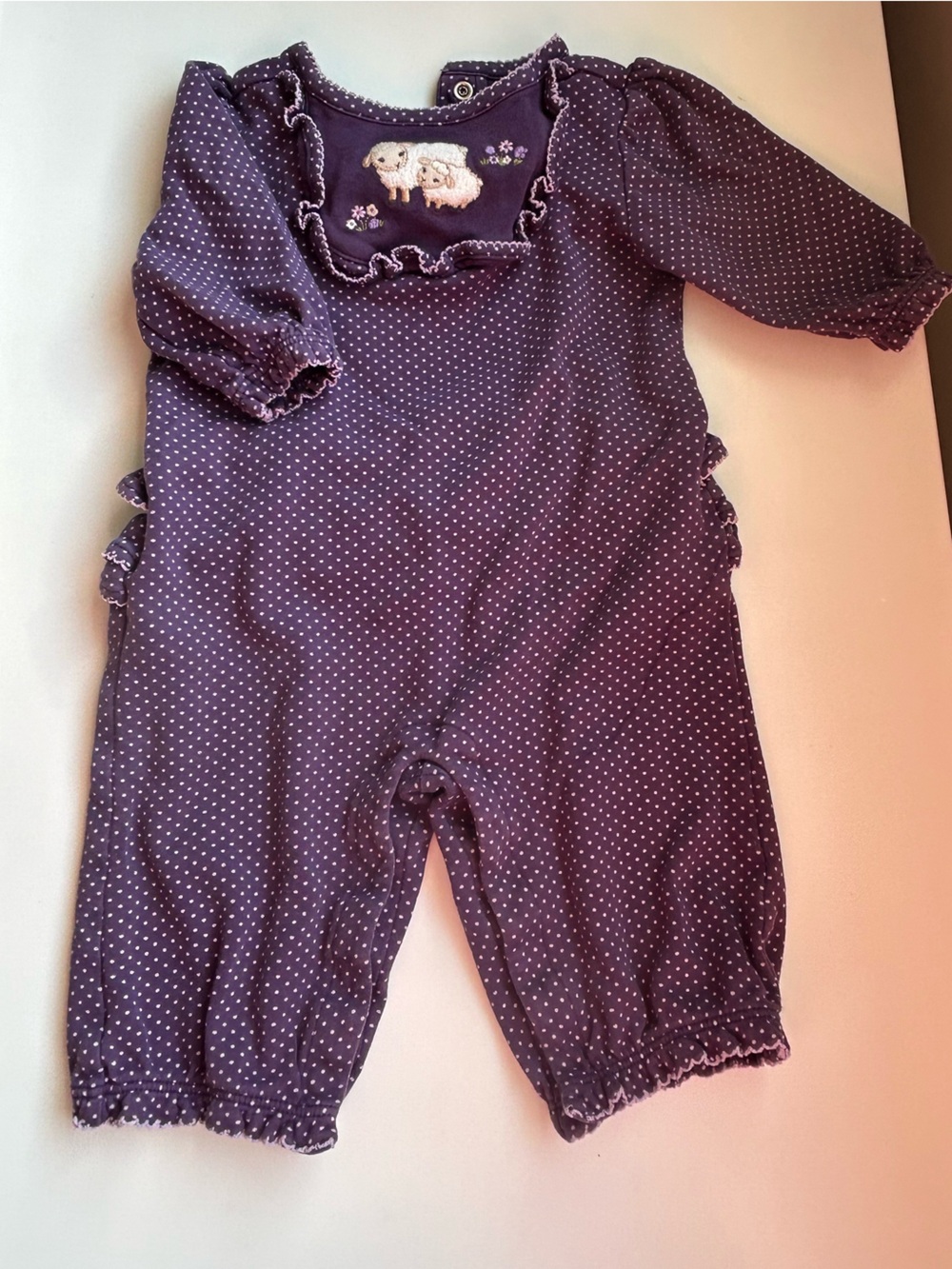 Gymboree romper purple polka dot with a sheep embroidery